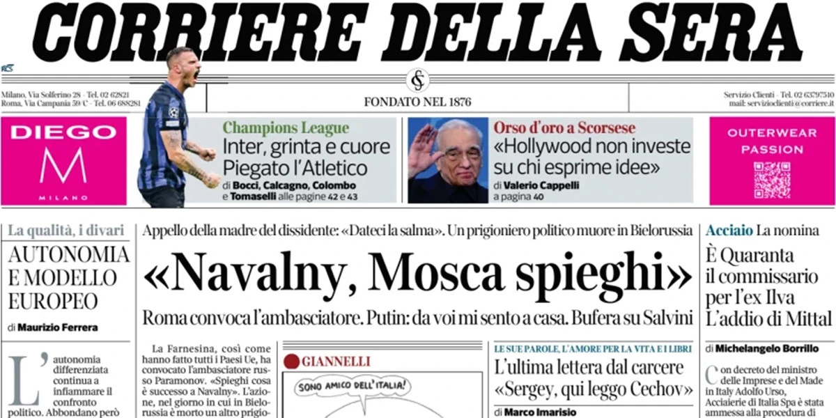 Le prime pagine di oggiLa morte di Navalny, il processo per la morte di Giulio Regeni, il commissario straordinario per l'ex ILVA, e l'inquinamento nel Nord Italia
