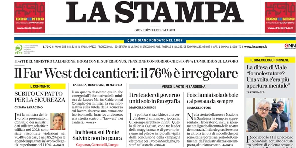 Le prime pagine di oggiLe ipotesi sulle cause della morte di Navalny, i dati sugli incidenti sul lavoro, e la modifica delle sanzioni fiscali