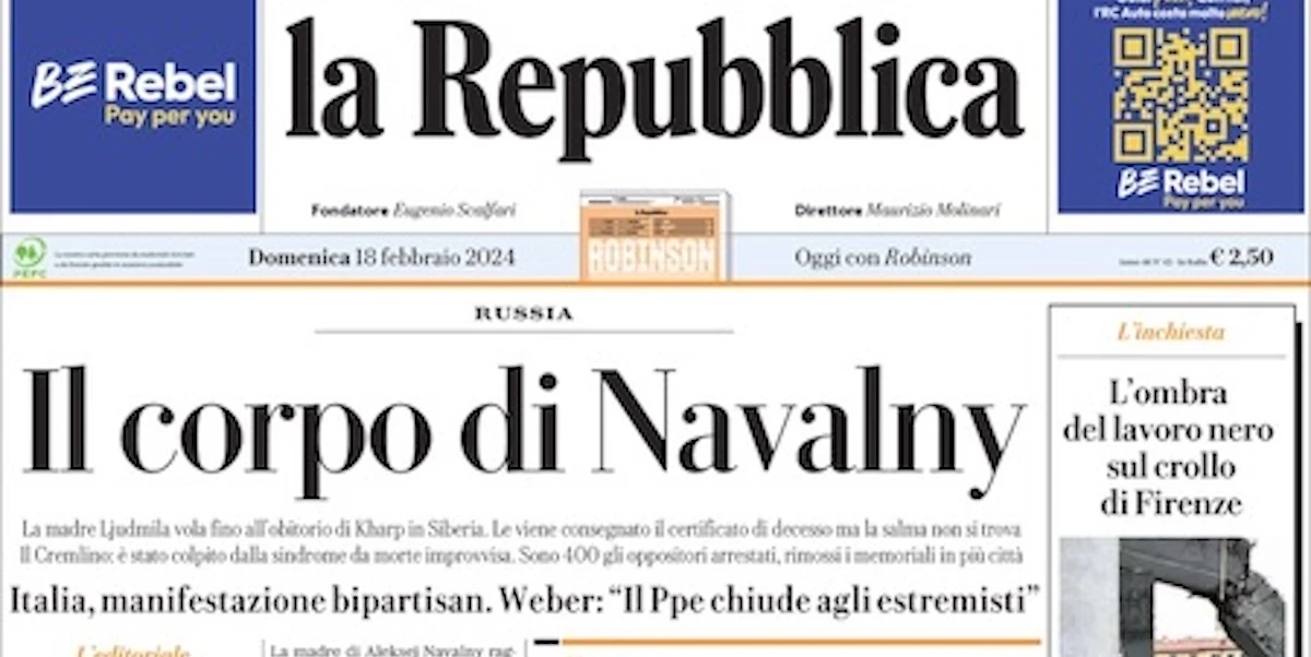 Le prime pagine di oggiSi parla ancora di Alexei Navalny, ma anche degli operai morti a Firenze e di Jannik Sinner