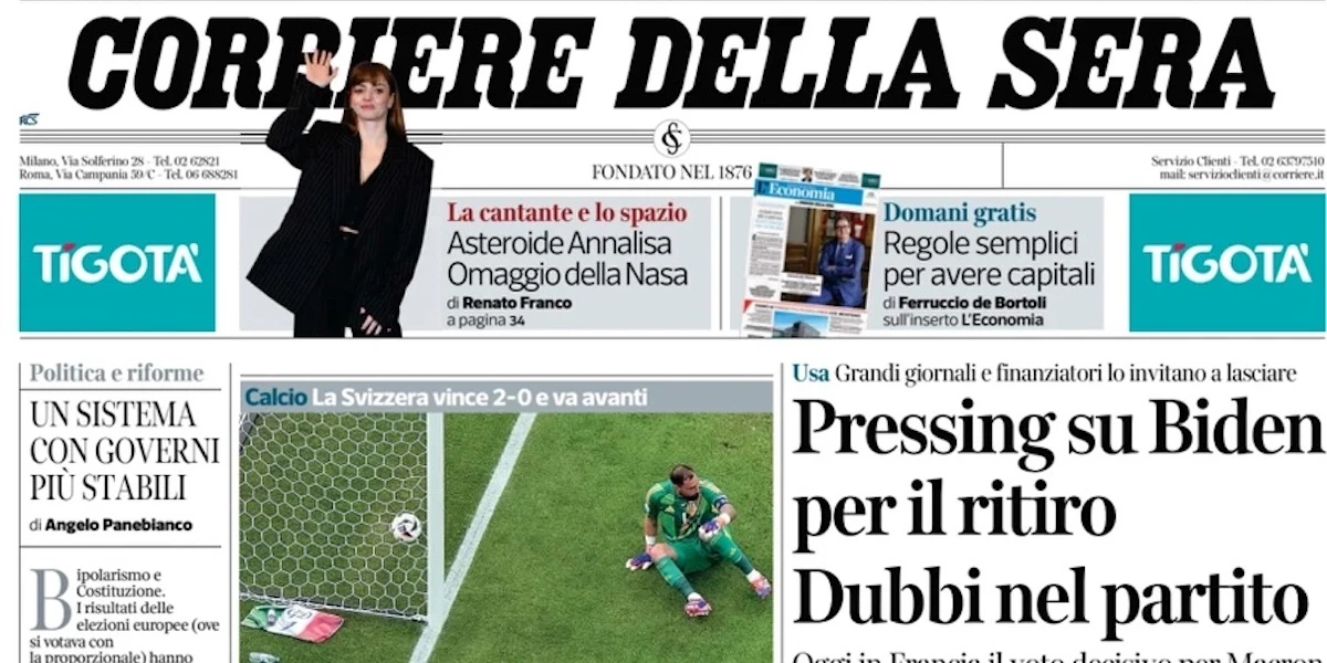 Le prime pagine di oggiL'eliminazione dell'Italia, i dubbi dei Democratici e dei giornali statunitensi su Biden e le parole di Liliana Segre su Fratelli d'Italia
