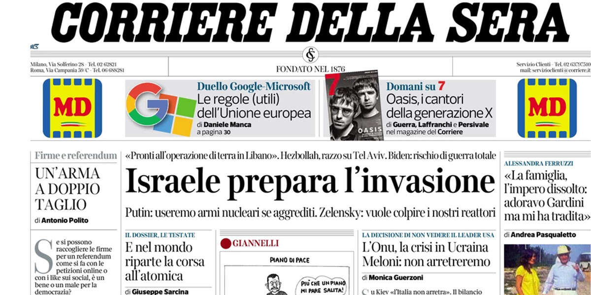 Le prime pagine di oggiLe preoccupazioni per la guerra in Libano, le nuove norme sul voto di condotta a scuola, e la famiglia uccisa da un uomo a Nuoro