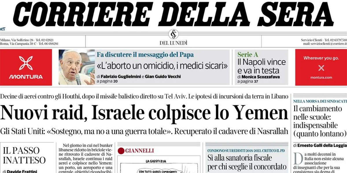 Le prime pagine di oggiI bombardamenti israeliani su Libano e Yemen, le elezioni in Austria, e Mattarella e Steinmeier a Marzabotto