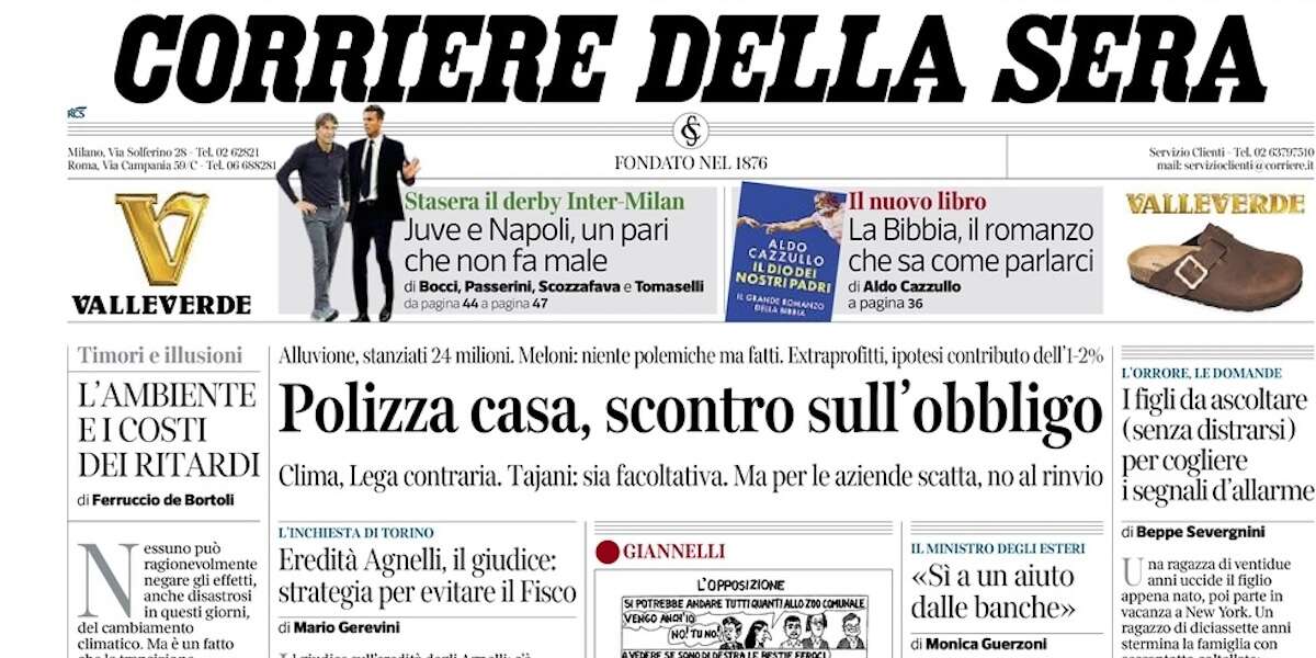 Le prime pagine di oggiLa discussione sulla proposta di assicurazione privata per case e imprese contro le calamità, e l’indagine della procura di Roma su Boccia