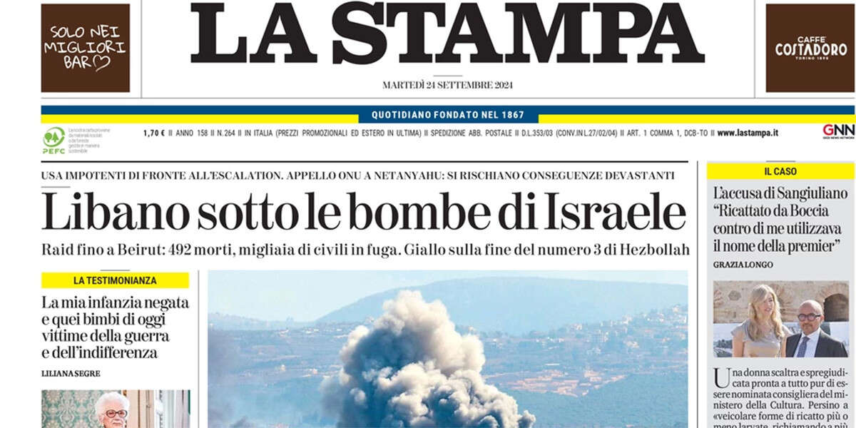 Le prime pagine di oggiI bombardamenti israeliani in Libano, l'aumento della quota di azioni di Unicredit in Commerzbank, e il viaggio a New York di Meloni