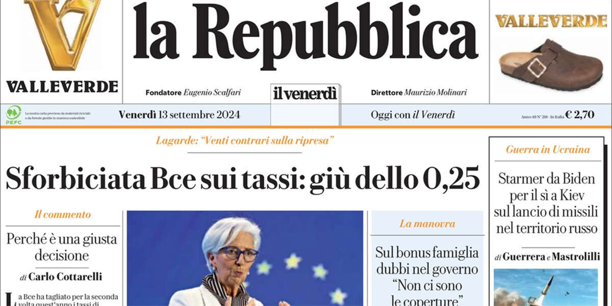 Le prime pagine di oggiLa riduzione dei tassi di interesse decisa dalla BCE, le armi all'Ucraina, e i giornalisti RAI ricercati in Russia