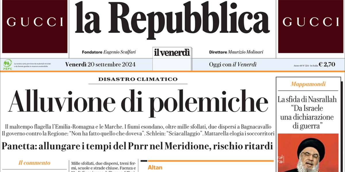 Le prime pagine di oggiL’alluvione in Emilia-Romagna, la risoluzione del Parlamento europeo sulle armi all'Ucraina, e la risposta di Nasrallah agli attacchi esplosivi in Libano