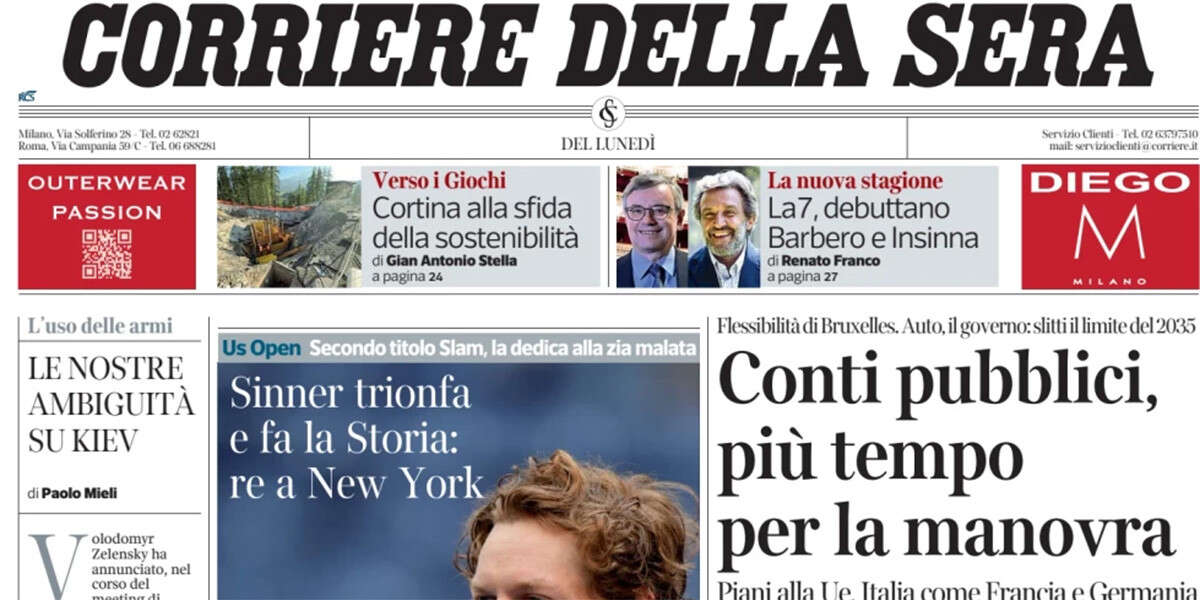 Le prime pagine di oggiLa vittoria di Sinner agli US Open, la prossima manovra economica, e le prime scelte del nuovo ministro della Cultura