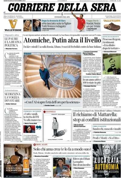 Le prime pagine di oggiLa minaccia nucleare di Putin, i razzi sulle basi Unifil in Libano, e le testimonianze al processo Regeni