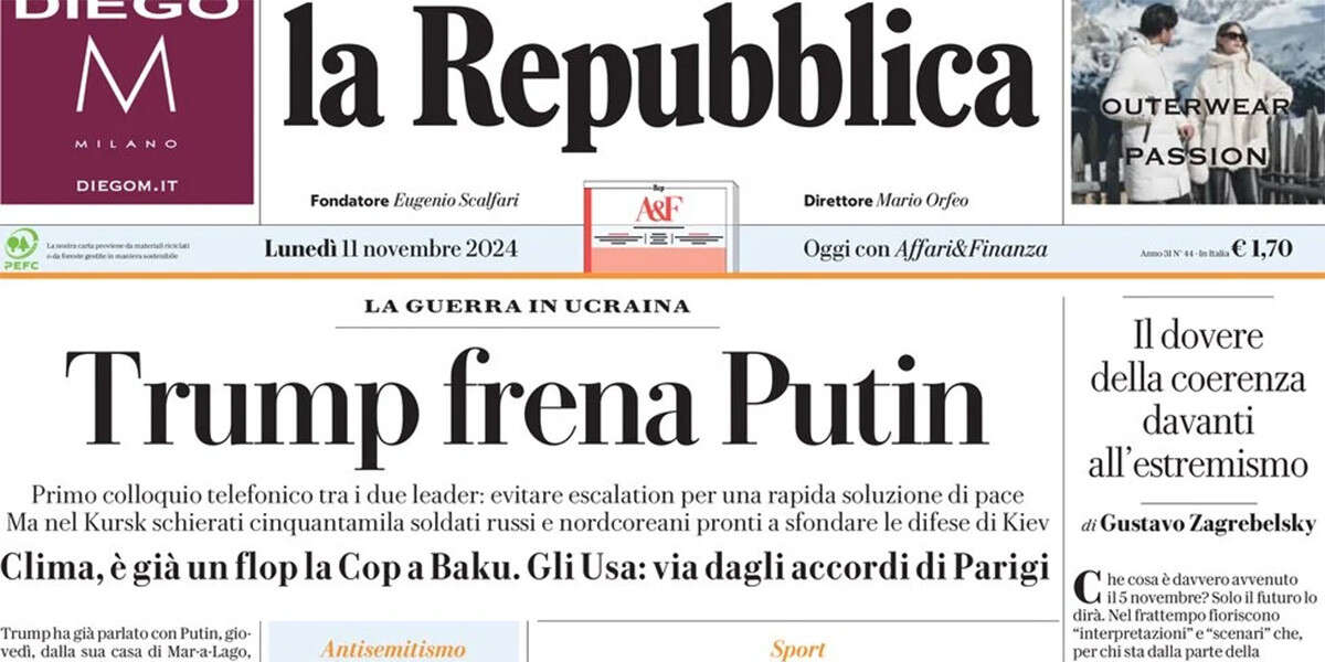 Le prime pagine di oggiLa telefonata fra Putin e Trump, la polemica politica sulle manifestazioni di Bologna di sabato, e la vittoria di Sinner