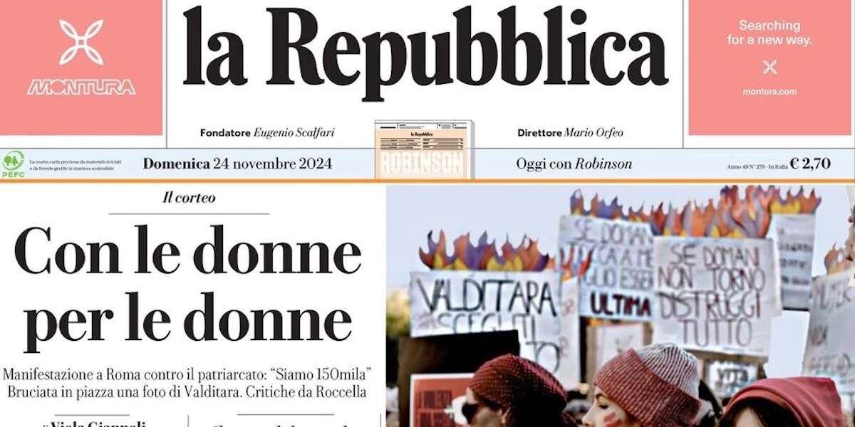 Le prime pagine di oggiLa manifestazione di Non una di meno a Roma, le ultime nomine di Donald Trump, i bombardamenti israeliani in Libano e la Cop29 di Baku