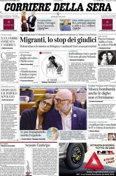 Le prime pagine di oggiIl rientro in Italia dei migranti portati in Albania, l'incontro fra Meloni e i sindacati, e la morte di Licia Pinelli