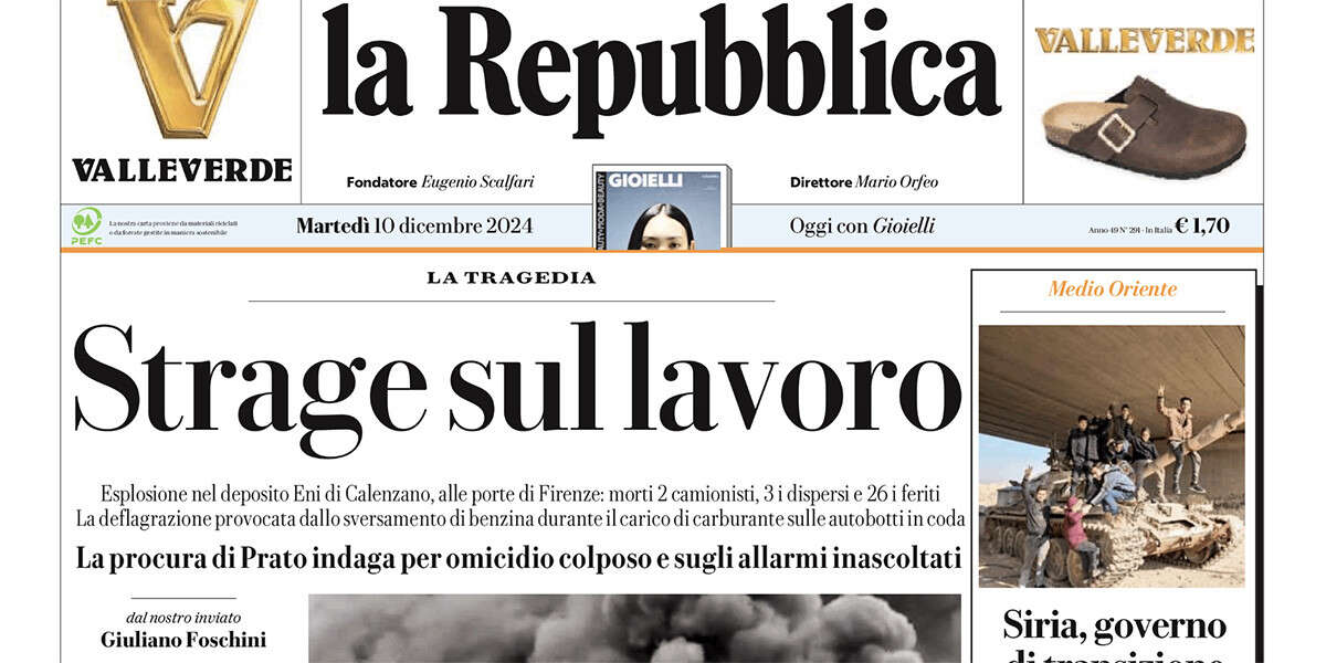 Le prime pagine di oggiL'esplosione nel deposito Eni a Calenzano, la situazione in Siria, il decreto che vieta la pubblicazione delle ordinanze cautelari, e la cancellazione delle multe ai 