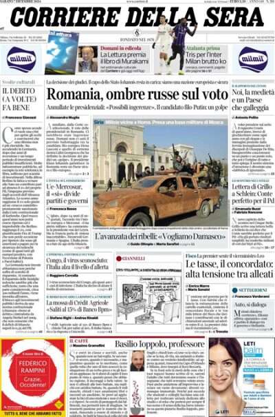 Le prime pagine di oggiLe elezioni presidenziali romene annullate dalla Corte costituzionale, l'avanzata dei ribelli in Siria, e l'accordo fra Unione Europea e Mercosur