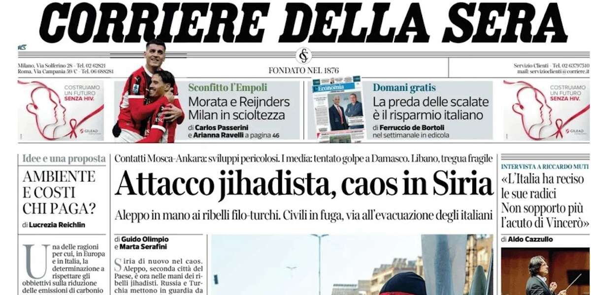 Le prime pagine di oggiLa presa di Aleppo, in Siria, gli scioperi e sui giornali del Sud la crisi idrica