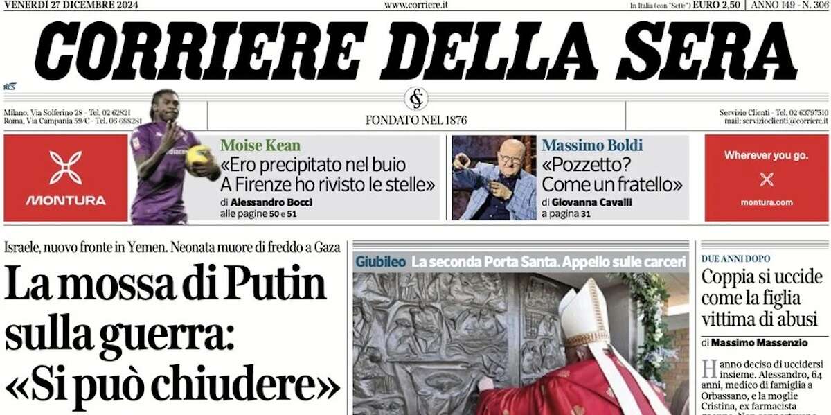 Le prime pagine di oggiLe parole di Putin sulla guerra in Ucraina, l'aereo caduto in Kazakistan e gli ultimi giorni della legge di bilancio