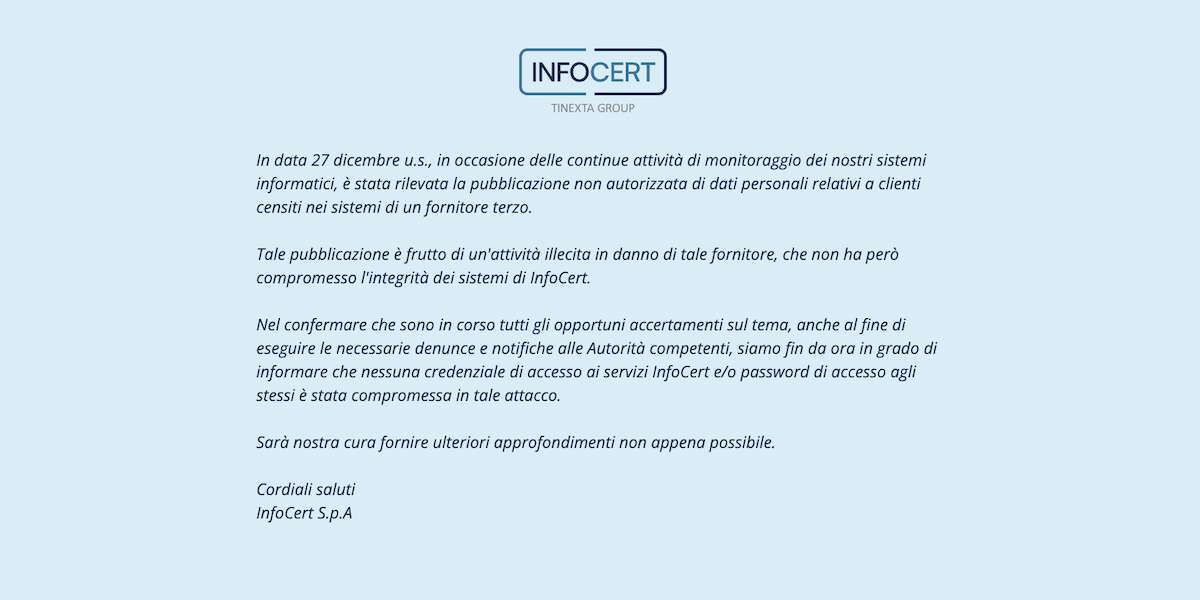 L’azienda InfoCert, nota soprattutto per lo Spid, ha subito un furto di dati