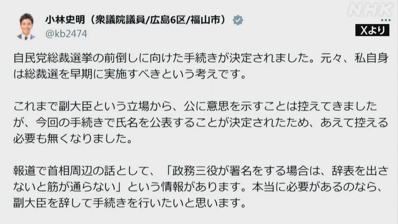 自民 小林環境副大臣 “総裁選 早期に 必要なら辞任も” 投稿