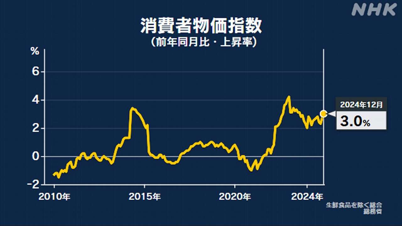 12月消費者物価指数 前年同月比3.0％上昇