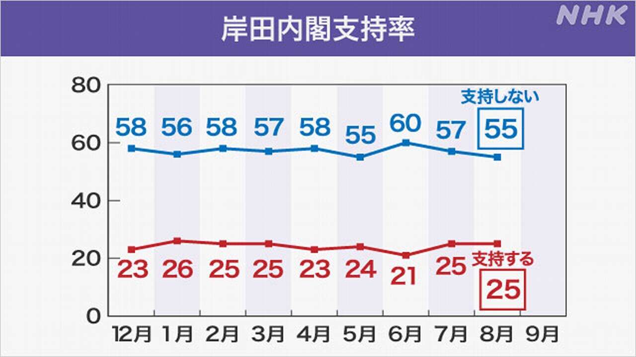 岸田内閣「支持する」25％ 「支持しない」55％ NHK世論調査