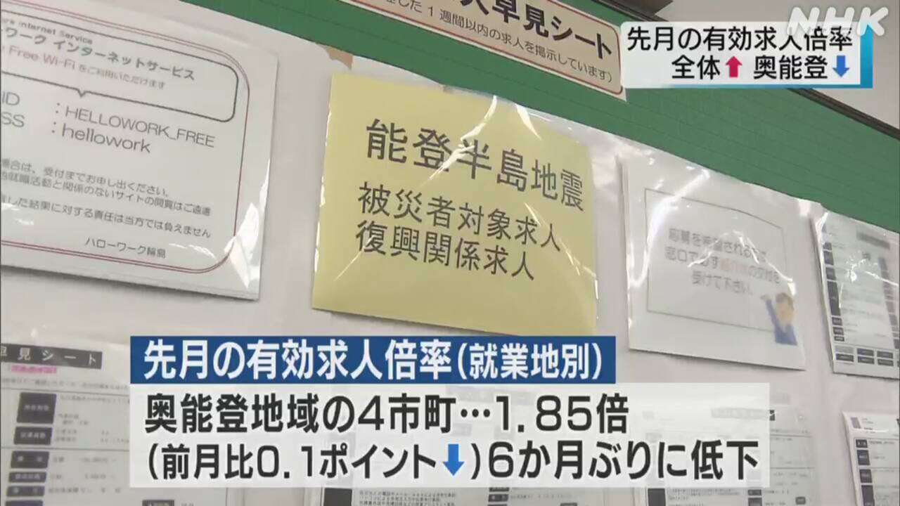 石川 奥能登地域の10月有効求人倍率 豪雨影響などで前月下回る