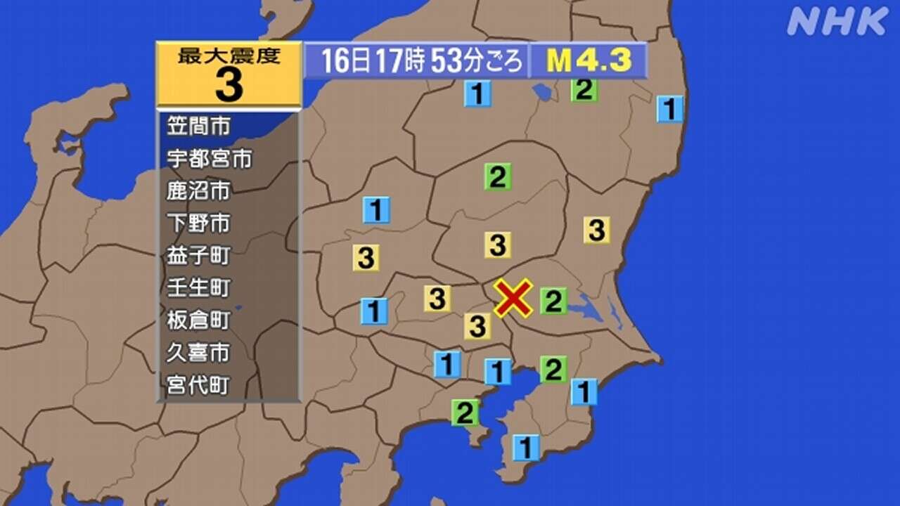 【地震】茨城 栃木 群馬 埼玉で震度3 津波の心配なし