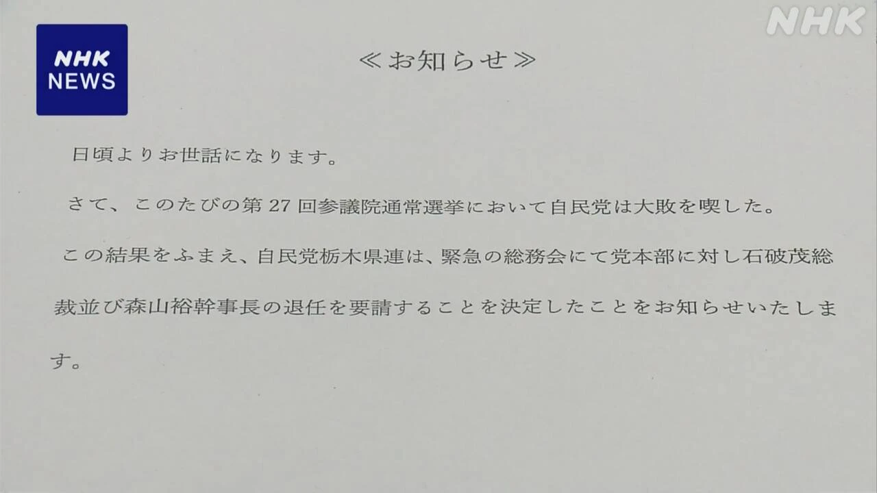自民栃木県連 石破首相の総裁退任 党本部に文書で要請へ