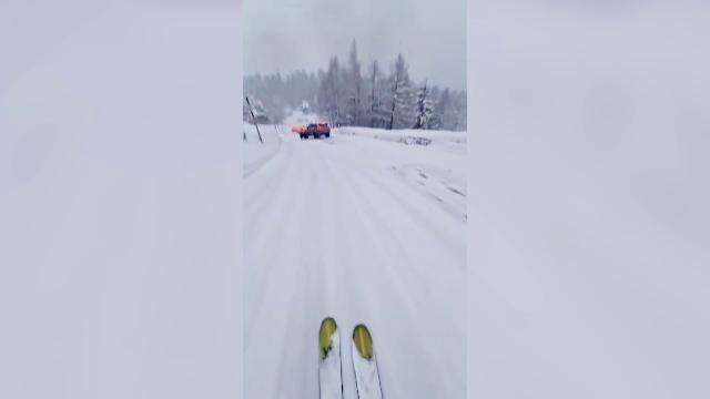 Scende il passo innevato Maloja sulla strada con gli sci superando tutte le auto ferme: 