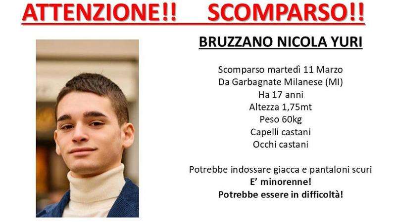 Nicola Yuri Bruzzano scomparso a Garbagnate: appelli e ricerche del ragazzo di 17 anni