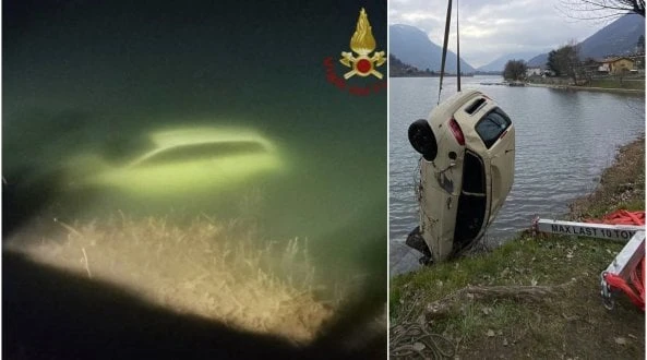 L'auto esce di strada e finisce nel lago: il 20enne alla guida si salva mentre il mezzo affonda