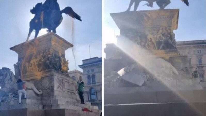 Blitz di Ultima Generazione in piazza Duomo, al via il restauro della statua di Vittorio Emanuele II imbrattata