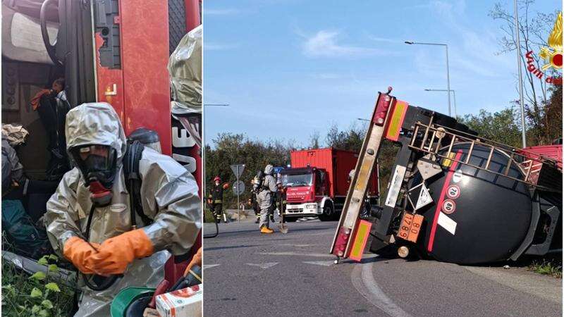 Si ribalta un’autocisterna che trasporta acido cloridrico sulla statale 36: area interdetta per la fuoriuscita della sostanza pericolosa