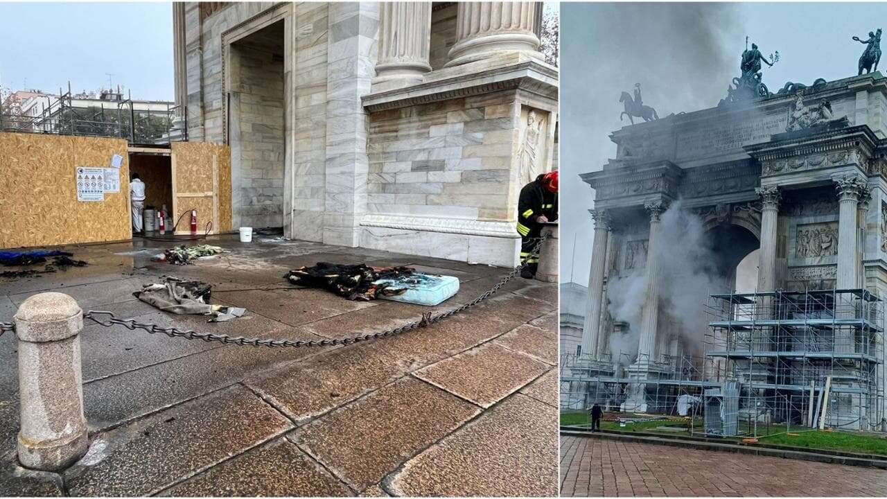 Arco della Pace, a fuoco i materassi dei clochard: fiamme e fumo visti fino al parco Sempione 