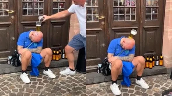 Euro 2024, il tifoso inglese ubriaco è la vittima perfetta della beer challenge