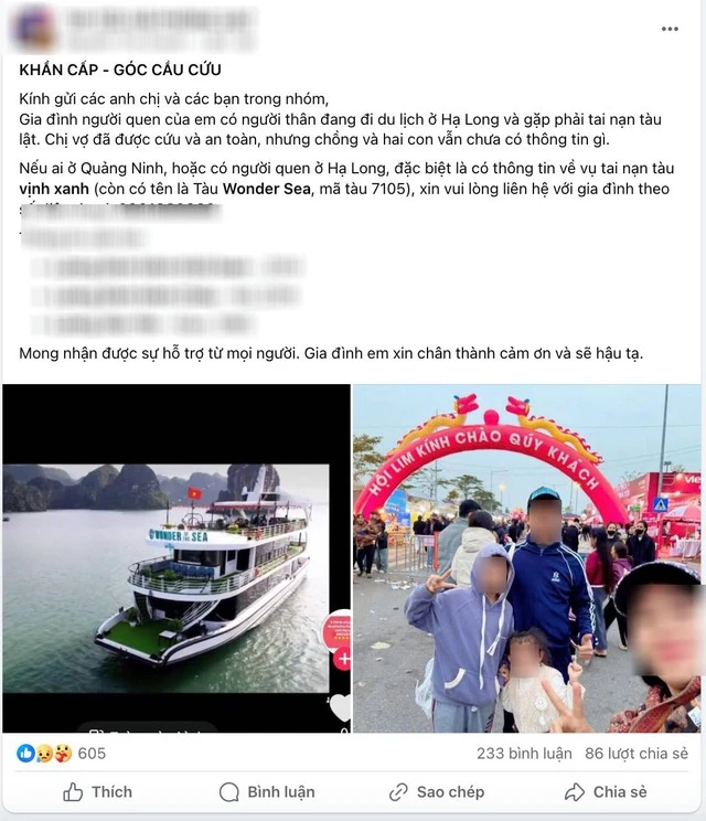 Vụ lật tàu ở Hạ Long: Những dòng tin tìm người thân nghẹn ngào lan khắp mạng xã hội