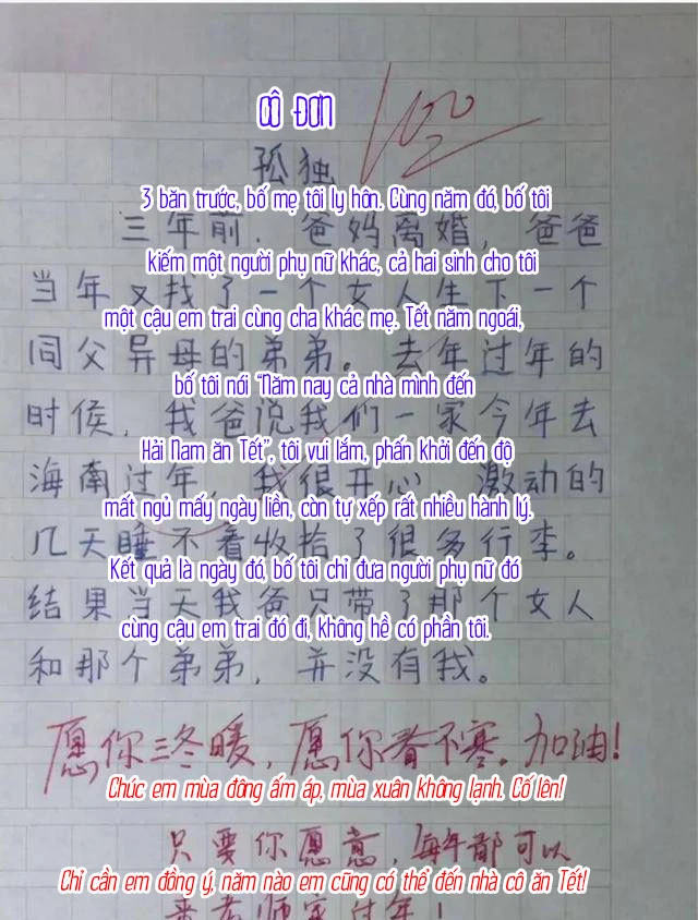 Cô bé lớp 3 viết văn tả nỗi cô đơn được 10 điểm, cả bài không một tính từ nhưng ai đọc cũng phải khóc