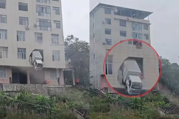 Xe tải đâm xuyên tường tầng 2 tòa nhà, hình ảnh đầu xe mắc kẹt giữa không trung gây sốc