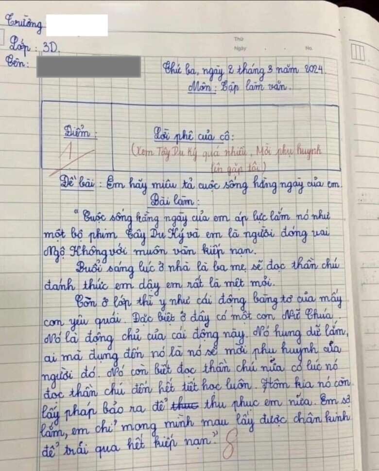 Bài văn tả cuộc sống hàng ngày của học sinh lớp 3 bị chấm 1 điểm: Cô giáo đọc xong 