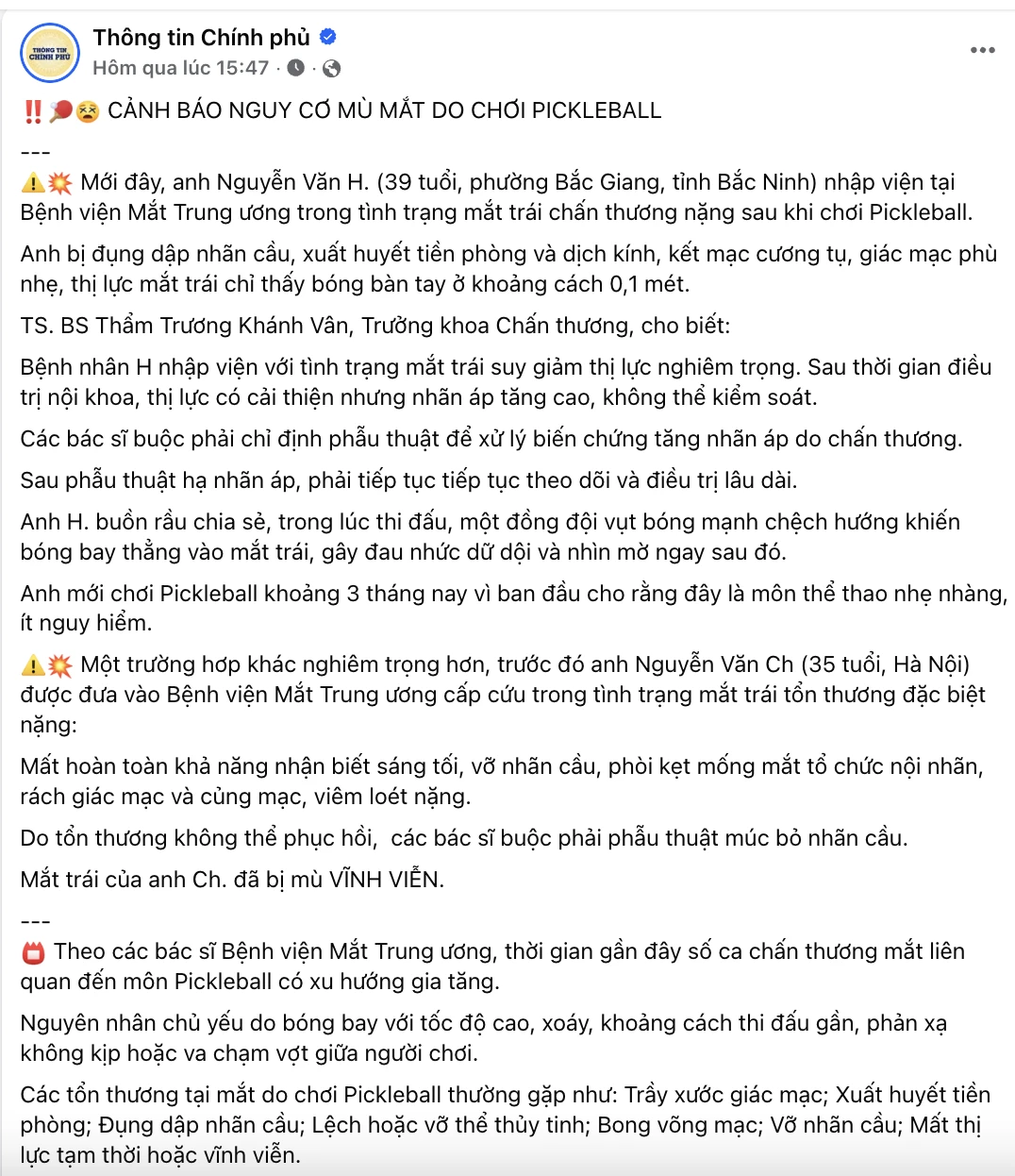 Cảnh báo nguy cơ mù mắt do chơi pickleball