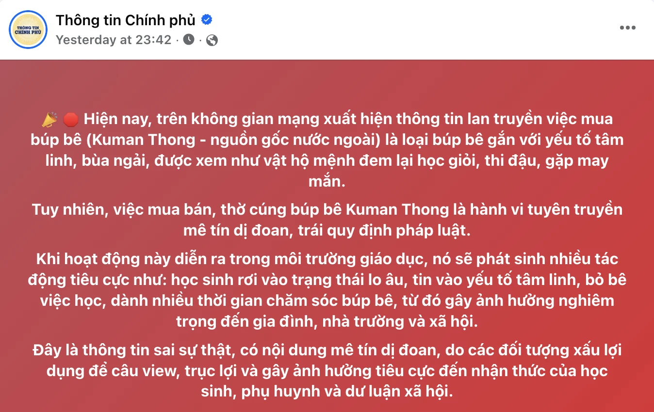 Trào lưu nuôi búp bê Kumanthong xâm nhập trường học, Thông tin Chính phủ phát thông báo lúc nửa đêm