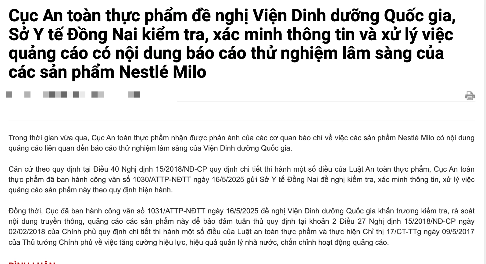 Bộ Y tế yêu cầu làm rõ vụ quảng cáo Nestlé MILO gắn tên Viện Dinh dưỡng Quốc gia