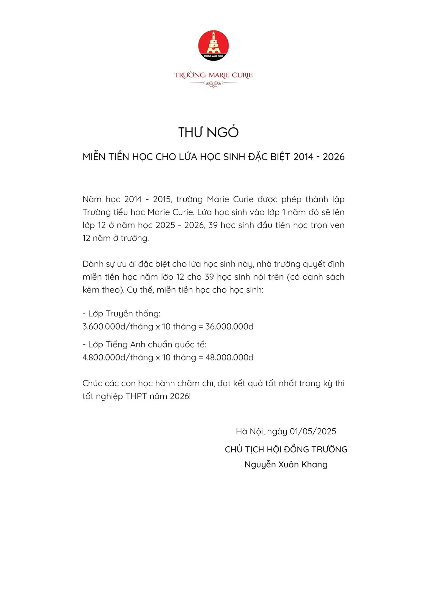 39 học sinh Hà Nội bất ngờ nhận thông báo miễn học phí, tổng lên đến 1,8 tỷ đồng
