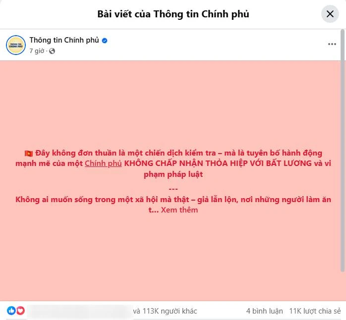 “Không chấp nhận thỏa hiệp với bất lương”: Bài đăng trên Fanpage Thông tin Chính phủ nhận trăm nghìn lượt tương tác hưởng ứng