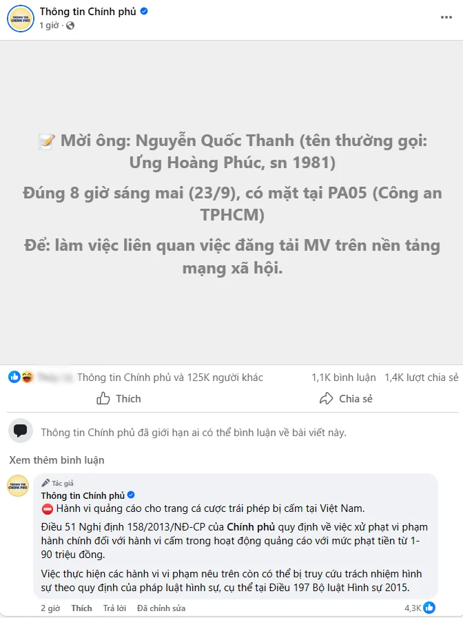 Trang Thông tin Chính Phủ lần đầu nhắc tên Ưng Hoàng Phúc, nội dung cực căng còn nhắc đến Bộ luật Hình sự