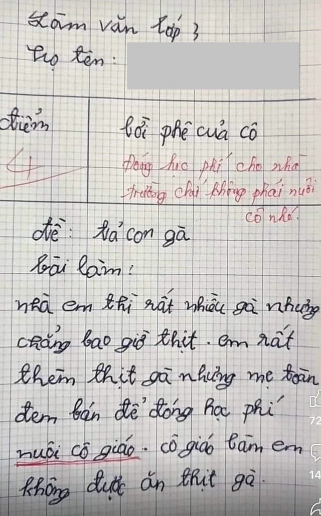 Học sinh lớp 3 viết văn tả gà, cô cho 4 điểm kèm lời phê: Lý do đằng sau khiến khán giả sửng sốt