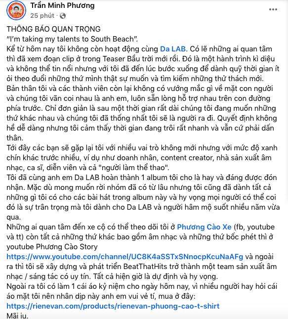 NÓNG: Trưởng nhóm Cào thông báo rời Da LAB, hé lộ sản phẩm cuối hoạt động cùng nhau trước khi chia tay!