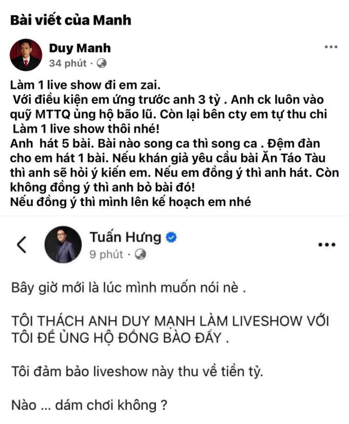 Tuấn Hưng thách làm liveshow để ủng hộ đồng bào lũ lụt và lời hồi đáp 