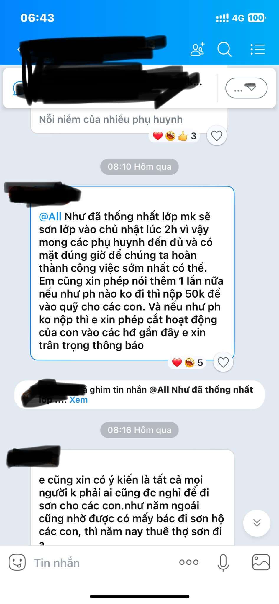 Xôn xao tin nhắn Ban phụ huynh yêu cầu các phụ huynh đi sơn lớp, không đi thì đóng 50.000 kèm theo lời 