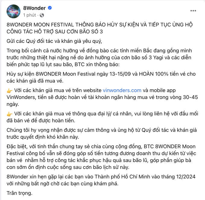 BTC 8WONDER Moon Festival thông báo hủy sự kiện, hoàn 100% tiền vé và tiếp tục ủng hộ công tác hỗ trợ mùa bão lũ