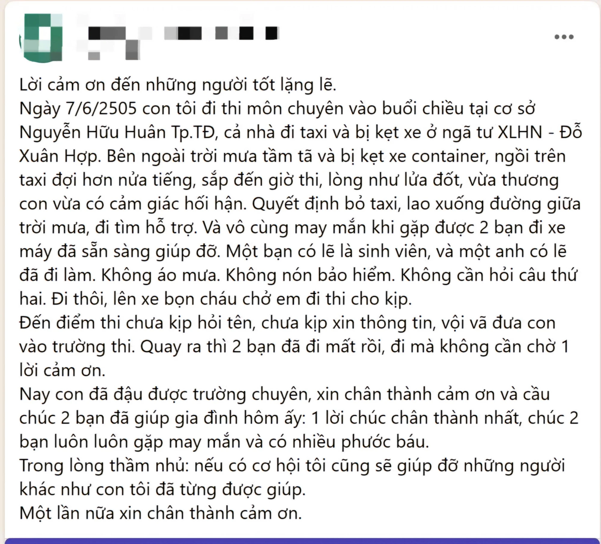 Con gái đậu trường chuyên lớp 10, người cha viết thư cảm ơn 2 ân nhân