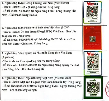 Danh sách tài khoản VietinBank, Vietcombank, BIDV, Agribank tiếp nhận ủng hộ khắc phục thiệt hại bão Bualoi, dành cho người đồng ý/không đồng ý sao kê công khai